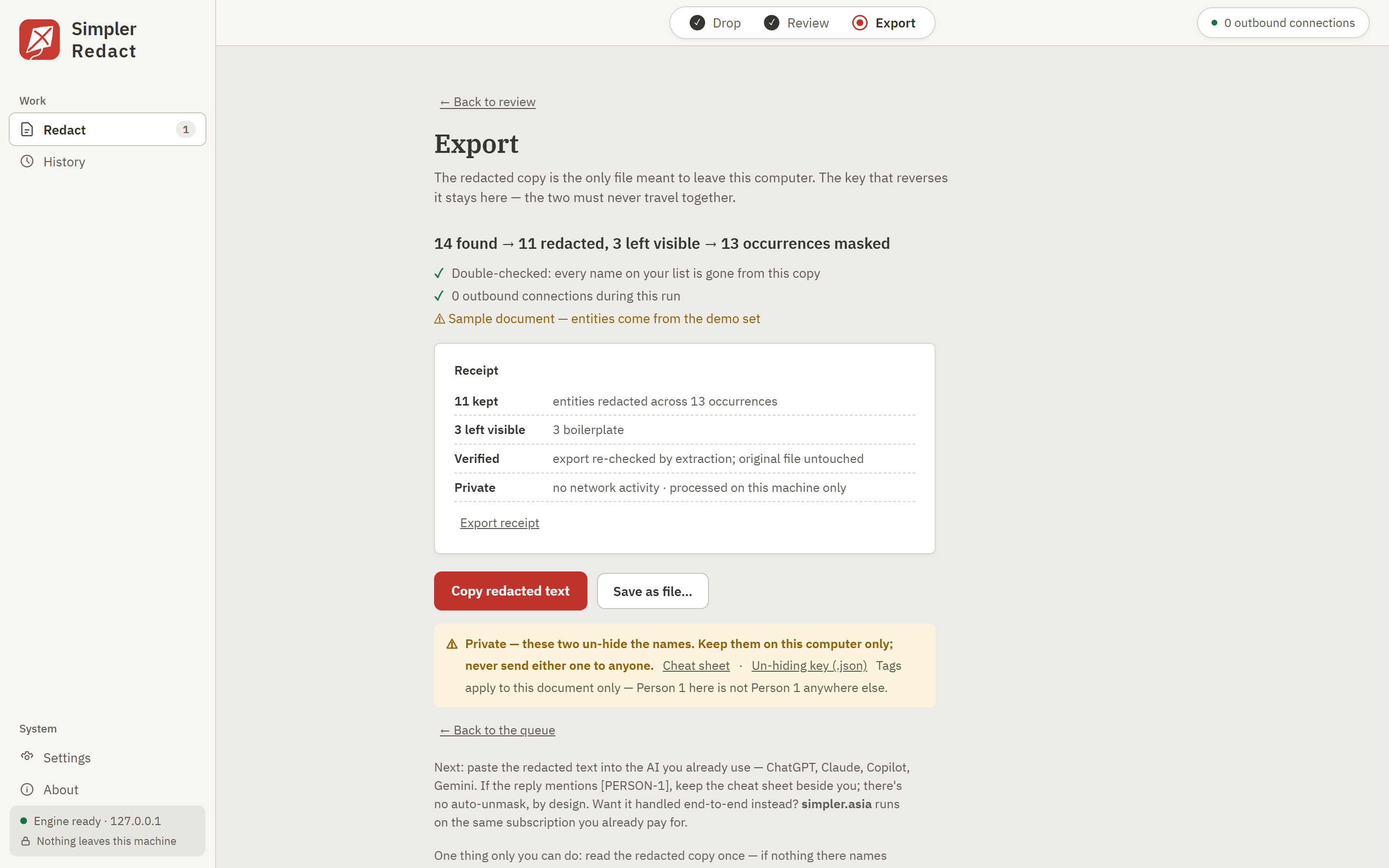 The export screen: the found-kept-redacted funnel, verification checks including a partial-name check, a paper receipt, and buttons to copy the redacted text or save it as a file.