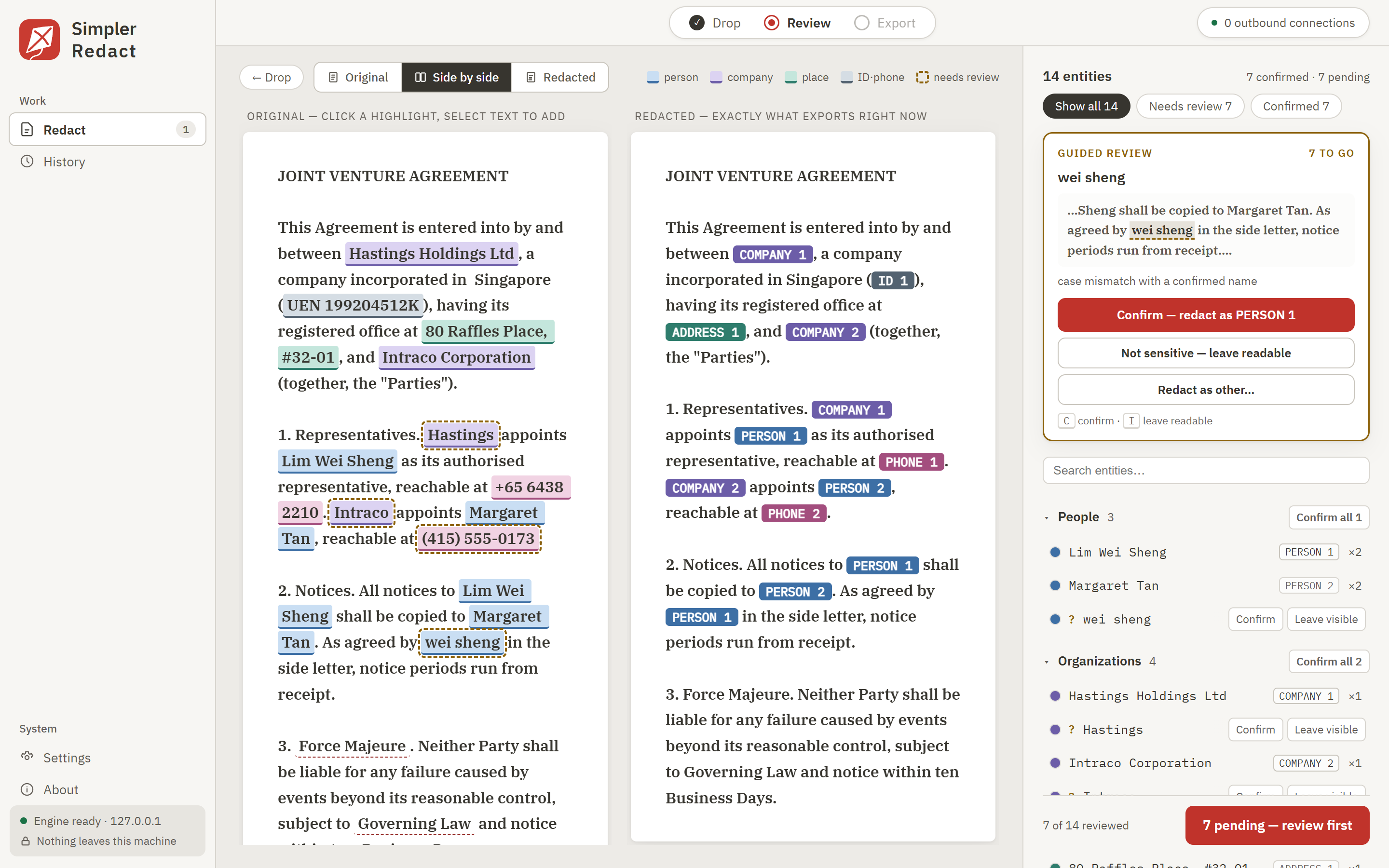 The review screen: the original document and the redacted copy side by side with strong colored highlights, a guided-review card walking a pending item, and an entity table with confirm and leave-visible controls per row.